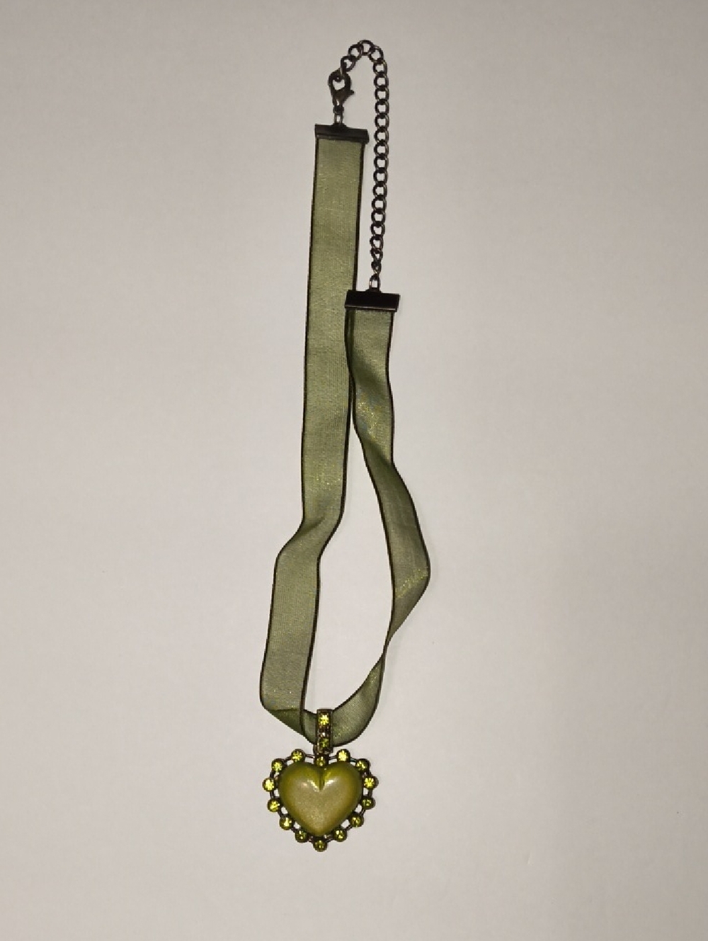 Olive Heart Pendant Ribbon Necklace